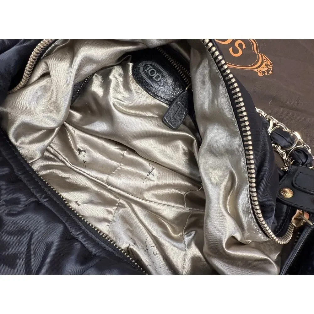 TOD’S Black Hobo Nylon Shoulder Bag w/ Gold Chain Strap & Leather Trim, Italy
